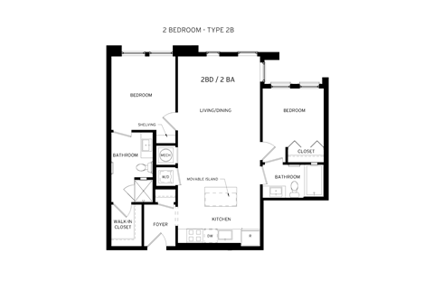 Floor plan for 2 beds, 2 baths, 964 sqft